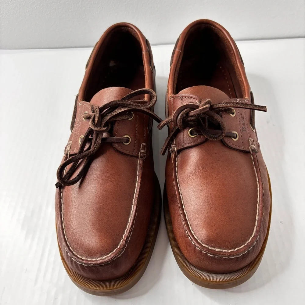 Bass Mens Seafarer Boat Shoe Size 9.5 Moc-Toe Brown Leather Rawhide Lace Preppy
